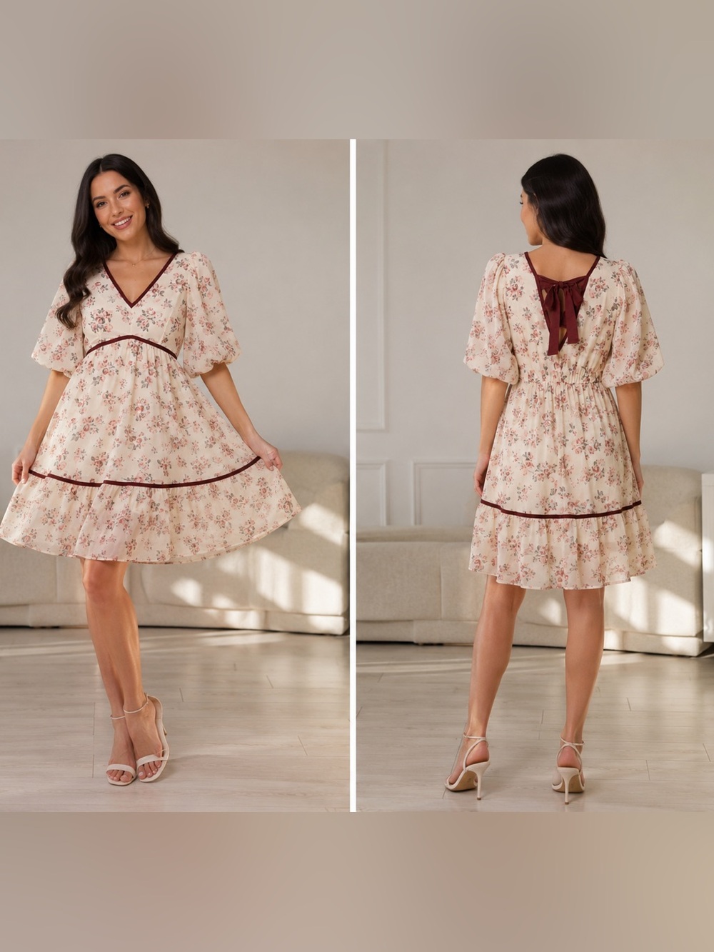 bohme Cream Floral Mini Dress with Burgundy Trim